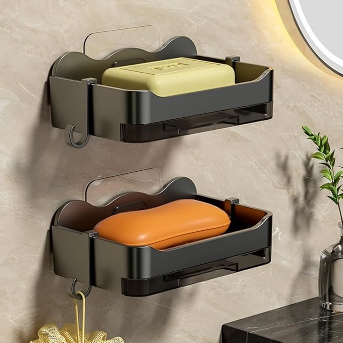 Self-Adhseive Bathroom Soap Holder with Drainage Tray Wall Mounted Soap Sponge Holder Organizer Accessories (Black, Pack of 2),Plastic