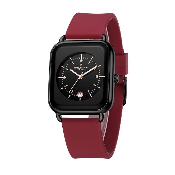 Daniel Hechter Paris Lea Collection Watch for Women with Square Dial, Crystal and Rose Gold Markers, Date Display and Silicone Strap