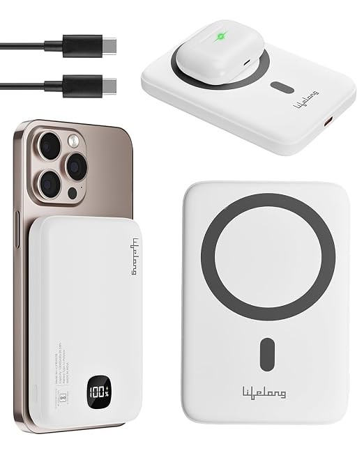 Lifelong Electronics MagSafe Wireless & Wired 10000mAH Power Bank | Fast Charging Powerbank for iPhone, Android & All Qi Devices | Digital Display & Strong Magnet Hold | Magnetic Ring & Cable Included