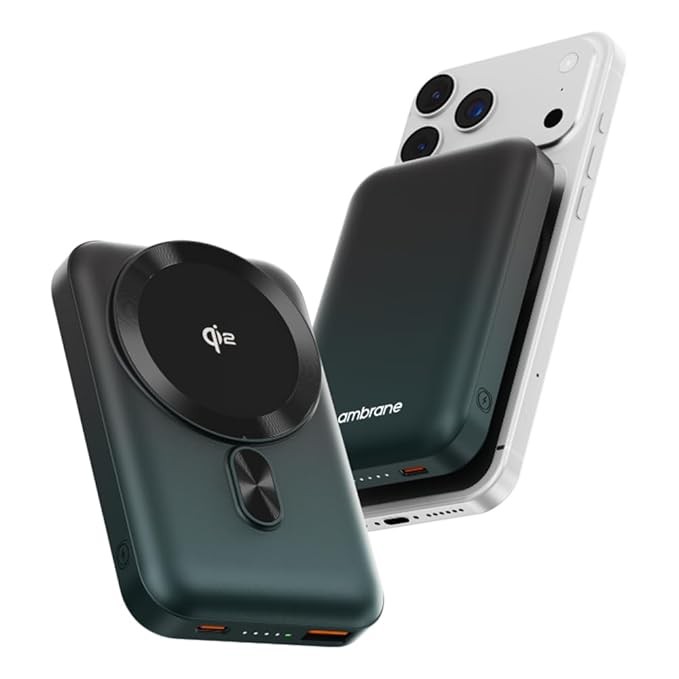 Ambrane [New & Faster] Qi2 & MagSafe Wireless 10000mAh Powerbank, Improved 15W Faster Wireless Charging, 22.5W Wired Output, Qi2 Certified, Fast Charging, 22.5W Output, For iPhone (Snap 2,Black/Green)
