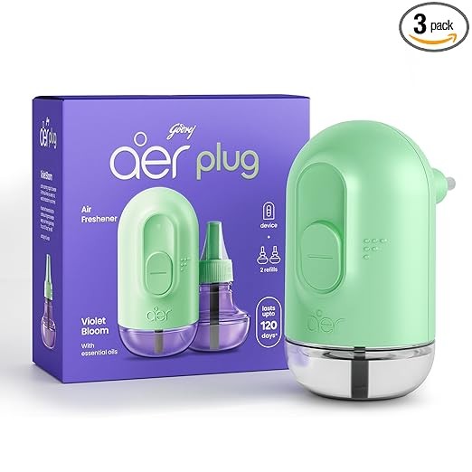 Godrej aer Plug Electric Air Freshener (Machine + 2 Refills (25ml each) | Violet Bloom | Lasts up to 120 days