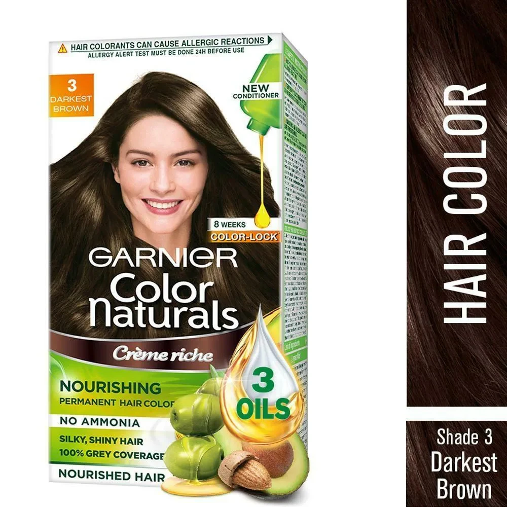 Garnier Color Naturals Creme Riche Ammonia Free Hair Color, Darkest Brown (3) (70 ml + 60 g)