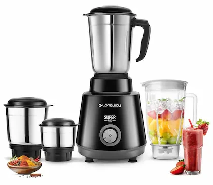 Longway Super Pro 750 Watt Juicer Mixer Grinder with 4 Jars for Grinding, Mixing, Juicing with Powerful Motor | 2 Years Warranty (Black & Gray, 4 Jars)