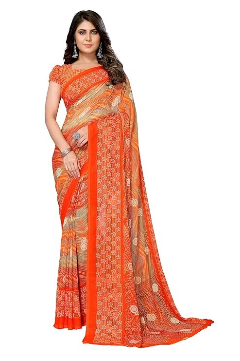 Yashika Women's Trendy Printed Georgette Red Color Saree with Blouse Material
