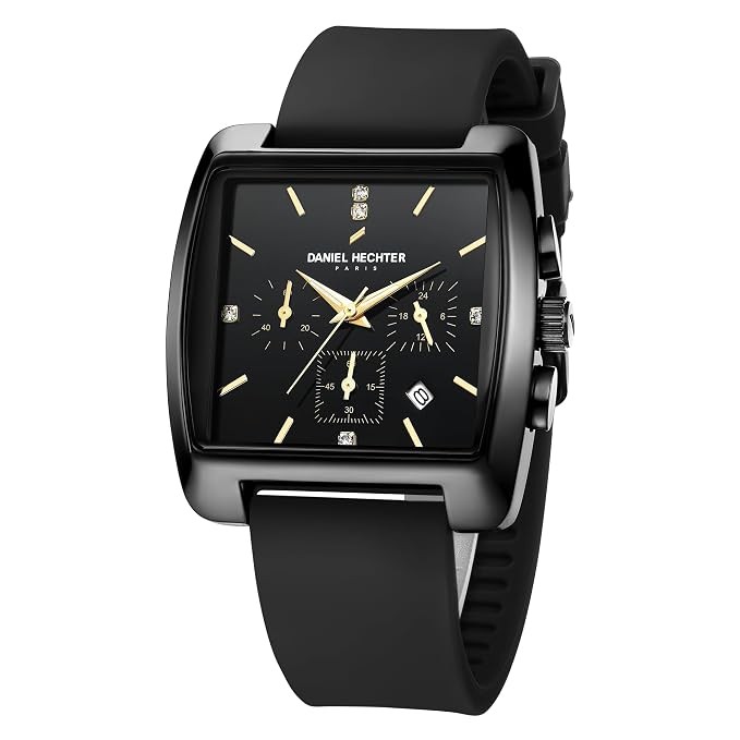 Daniel Hechter Paris Alma Collection Watch for Men Premium Chronograph Watch Black Square Dial Silicone Strap, Multi-Function, Date Display Luxury